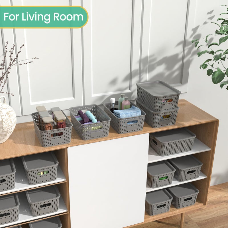 Ohmlove Plastic Storage Baskets with Lid-Plastic Storage Containers Stackable Storage bins: Storage Baskets for Organizing Shelves Drawers Desktop Closet Playroom Classroom Office  8Pack-Gray 10.2x7.2x4.1Inch - Image 4